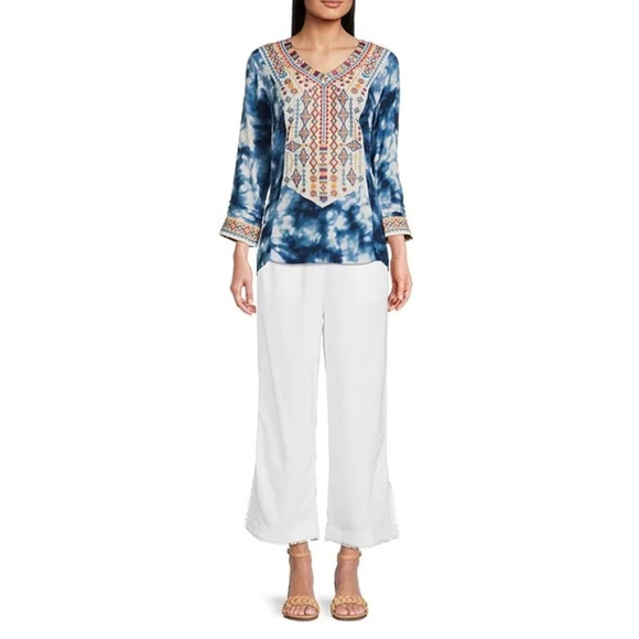 John Mark Embroidered Tie Dye Print V-Neck 3/4 Sleeve High-Low Blouse - Picture 3 of 9